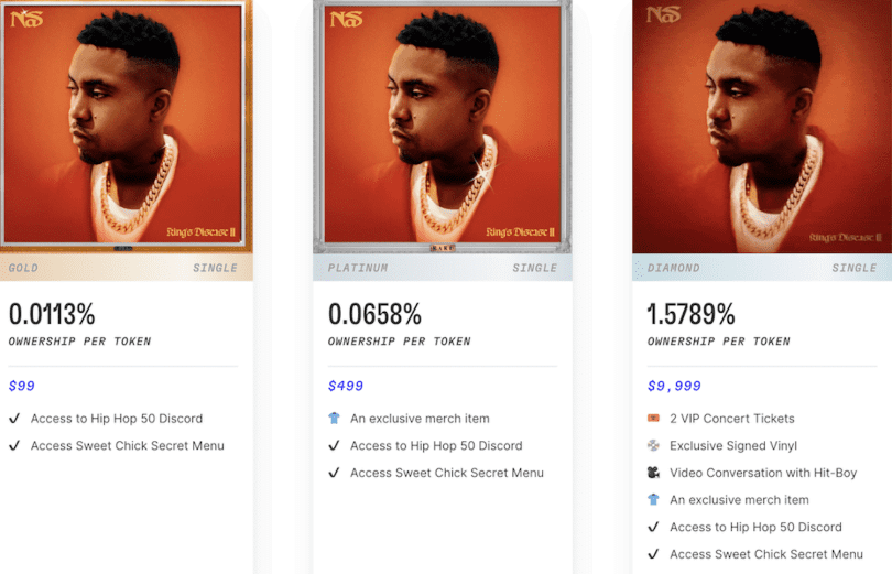 Cổ phần sở hữu quyền phát trực tuyến bản quyền đối với đĩa đơn “Rare” của Nas đang được bán cho người hâm mộ và nhà đầu tư như một phần của gói NFT trên thị trường NFT Royal.io. | Hình ảnh: Hoàng gia.io