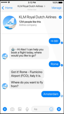 KLM hãng hàng không BB chatbot để tiếp thị